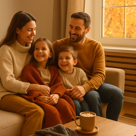 A family sitting on a couch