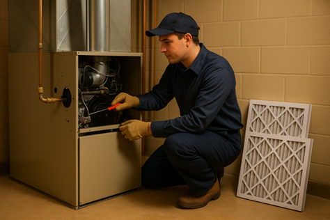 A person working on a furnace