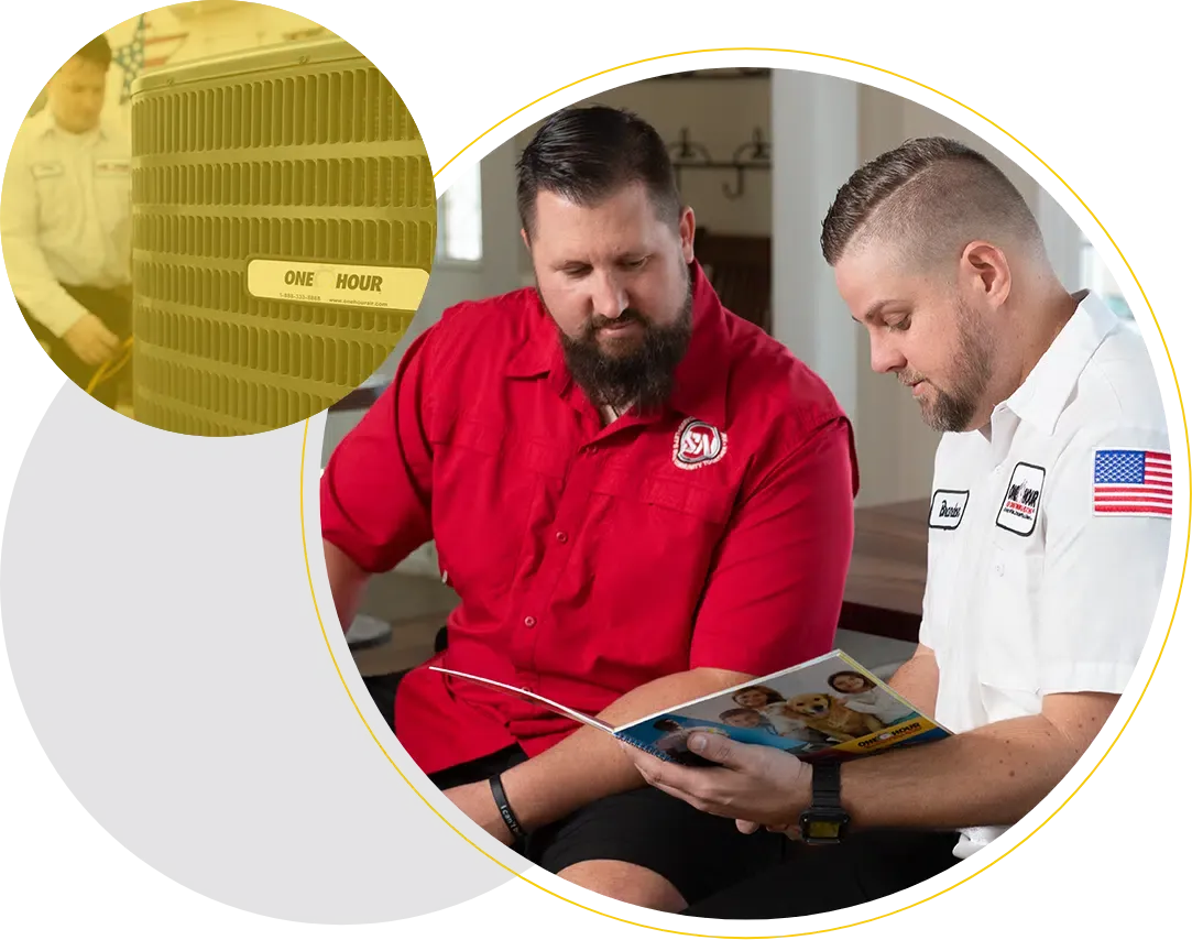 HVAC tech and customer reviewing pamphlet 