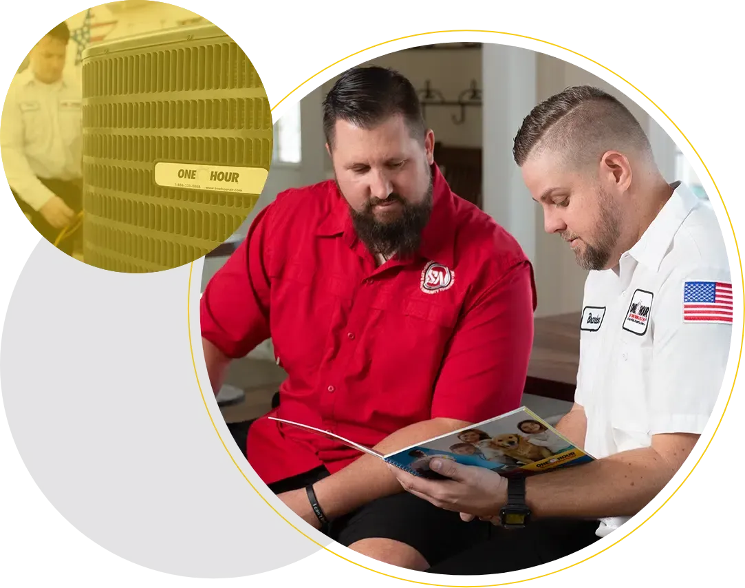 HVAC tech and customer reviewing pamphlet 