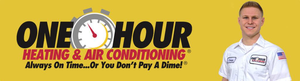 One Hour Heating & Air Conditioning logo with technician standing next to it
