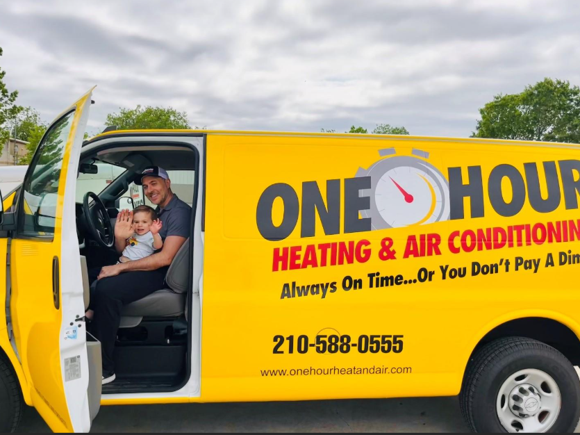 Father with child in yellow van
