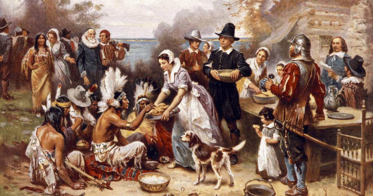 painting of pilgrims and indians