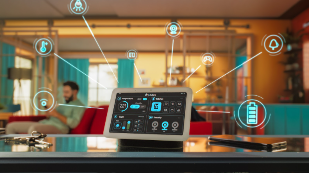 smart home tablet in living room