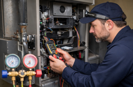 HVAC tech checking ac unit
