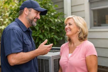HVAC tech talking with homeowner