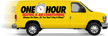 Yellow One Hour Heating & Air Conditioning service van with company branding and slogan.